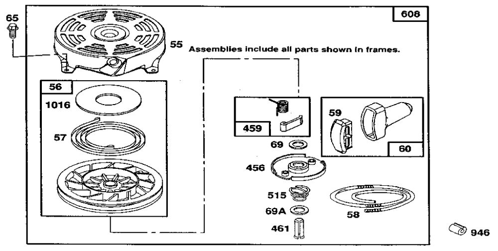 Rewind Starter Diagram and Parts List for 122700  Briggs and Stratton Engine